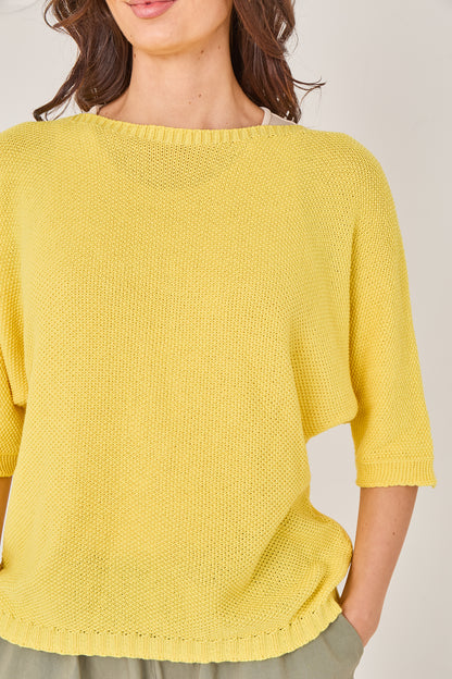RIBBED HALF SLEEVE WAFFLE KNIT TOP