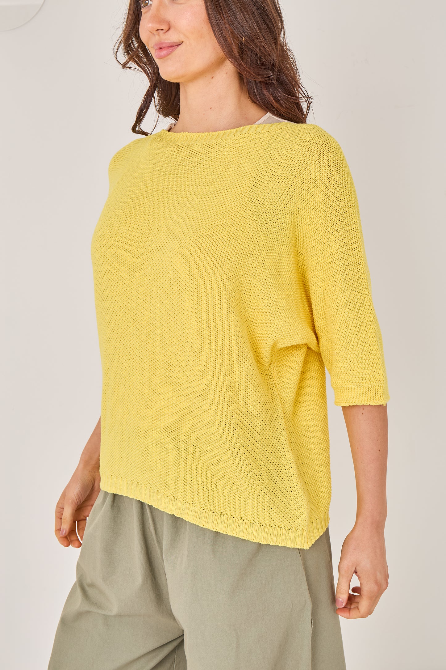 RIBBED HALF SLEEVE WAFFLE KNIT TOP