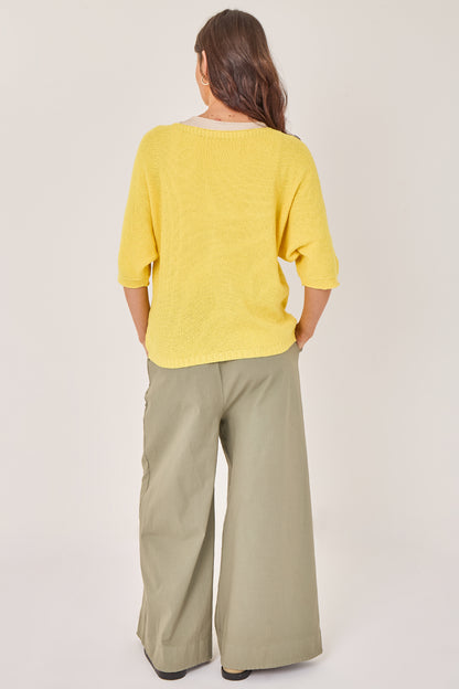 RIBBED HALF SLEEVE WAFFLE KNIT TOP