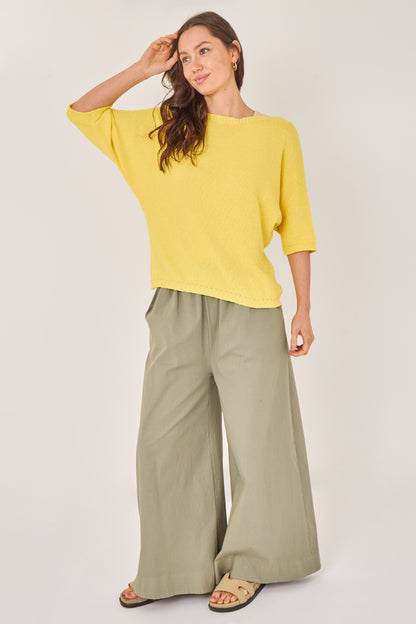 RIBBED HALF SLEEVE WAFFLE KNIT TOP