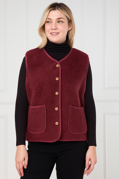 BUTTONED TEDDY FLEECE VEST WITH POCKETS