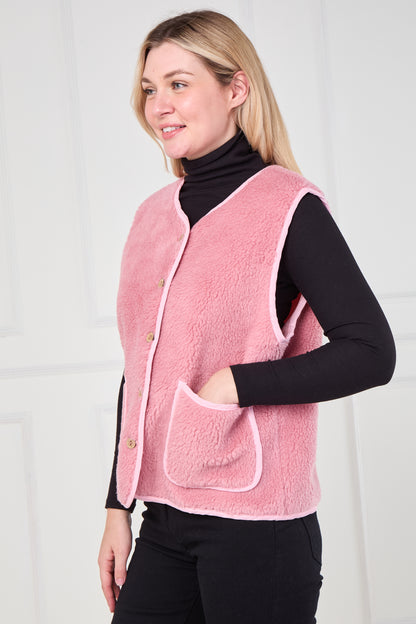 BUTTONED TEDDY FLEECE VEST WITH POCKETS