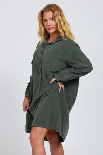 Fine Needlecord Two Pocket Button Up Dress