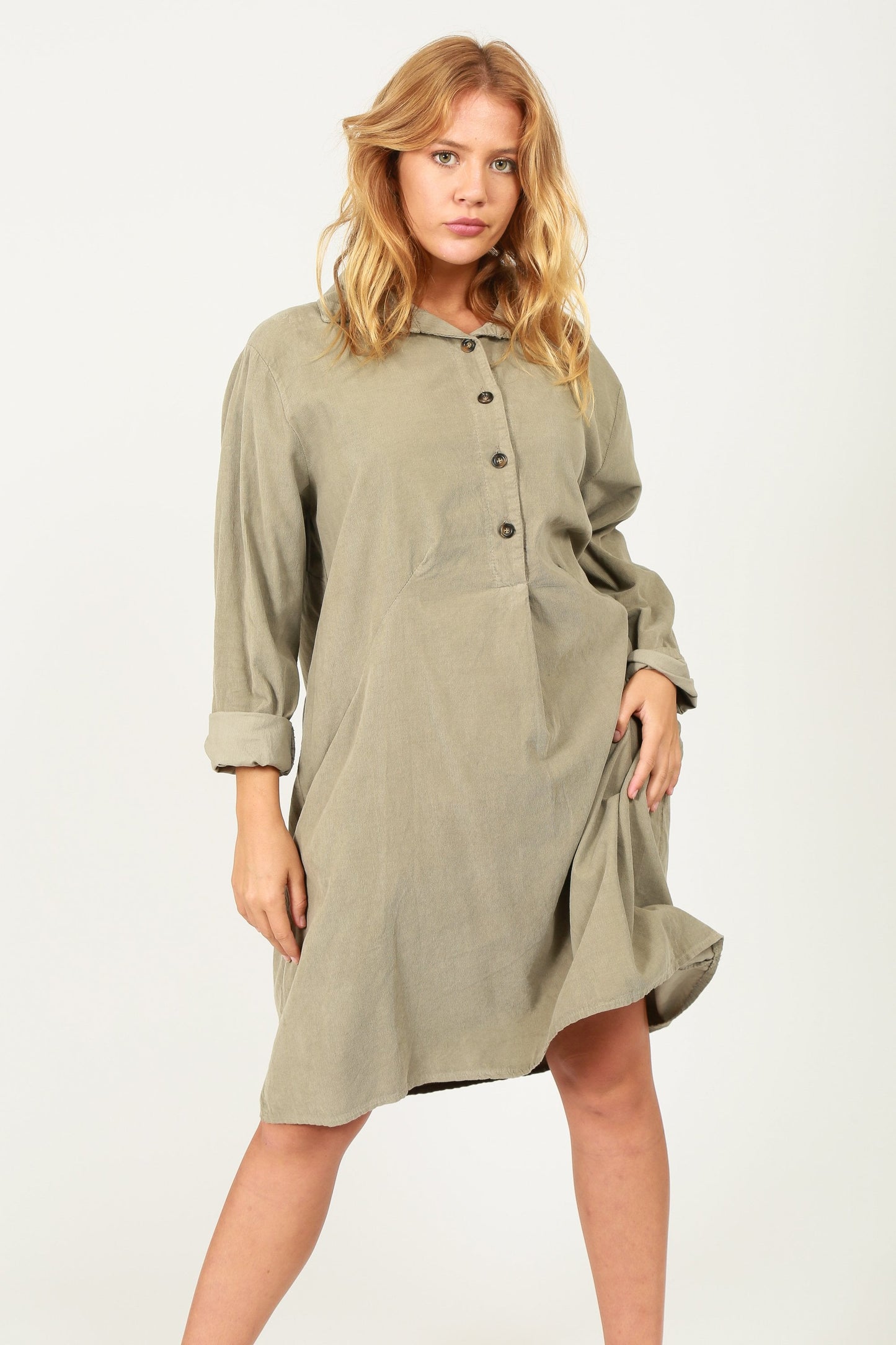 Fine Needlecord Two Pocket Button Up Dress