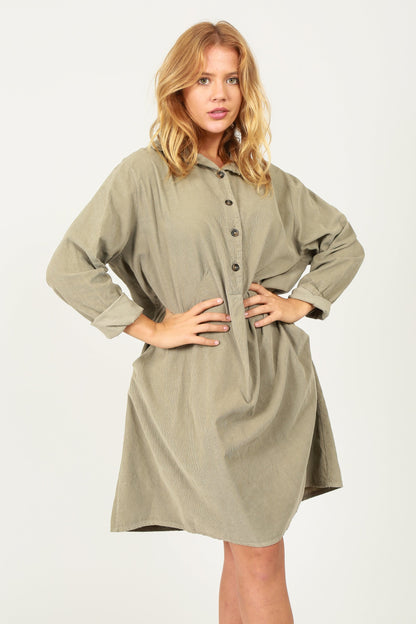 Fine Needlecord Two Pocket Button Up Dress