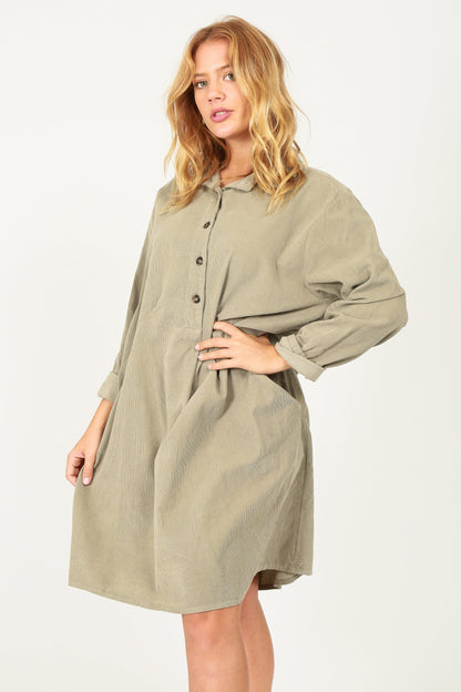 Fine Needlecord Two Pocket Button Up Dress