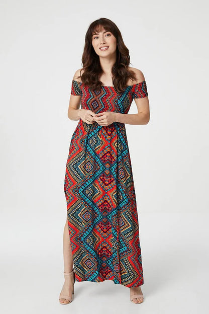 AZTEC PRINT BARDOT MAXI DRESS