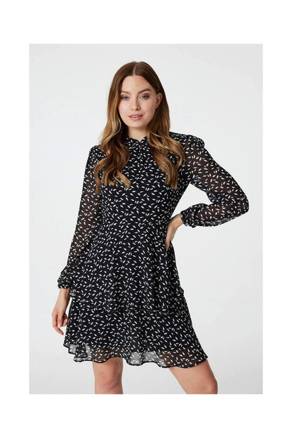 Printed Sheer Sleeve Skater Dress