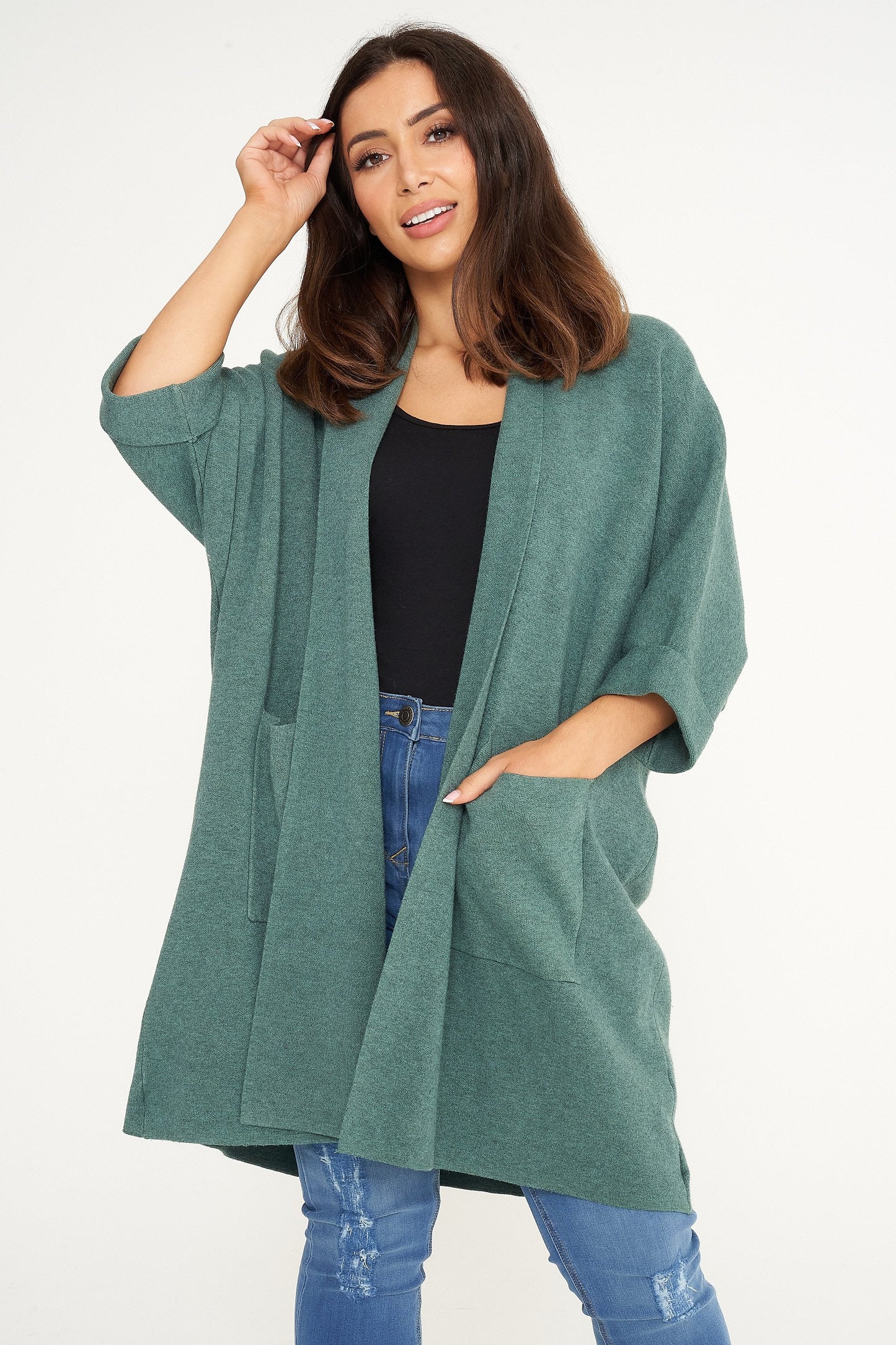 Two Pocket Fold Sleeve Fine Knitted Cardigan