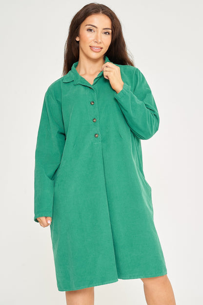 Fine Needlecord Two Pocket Button Up Dress