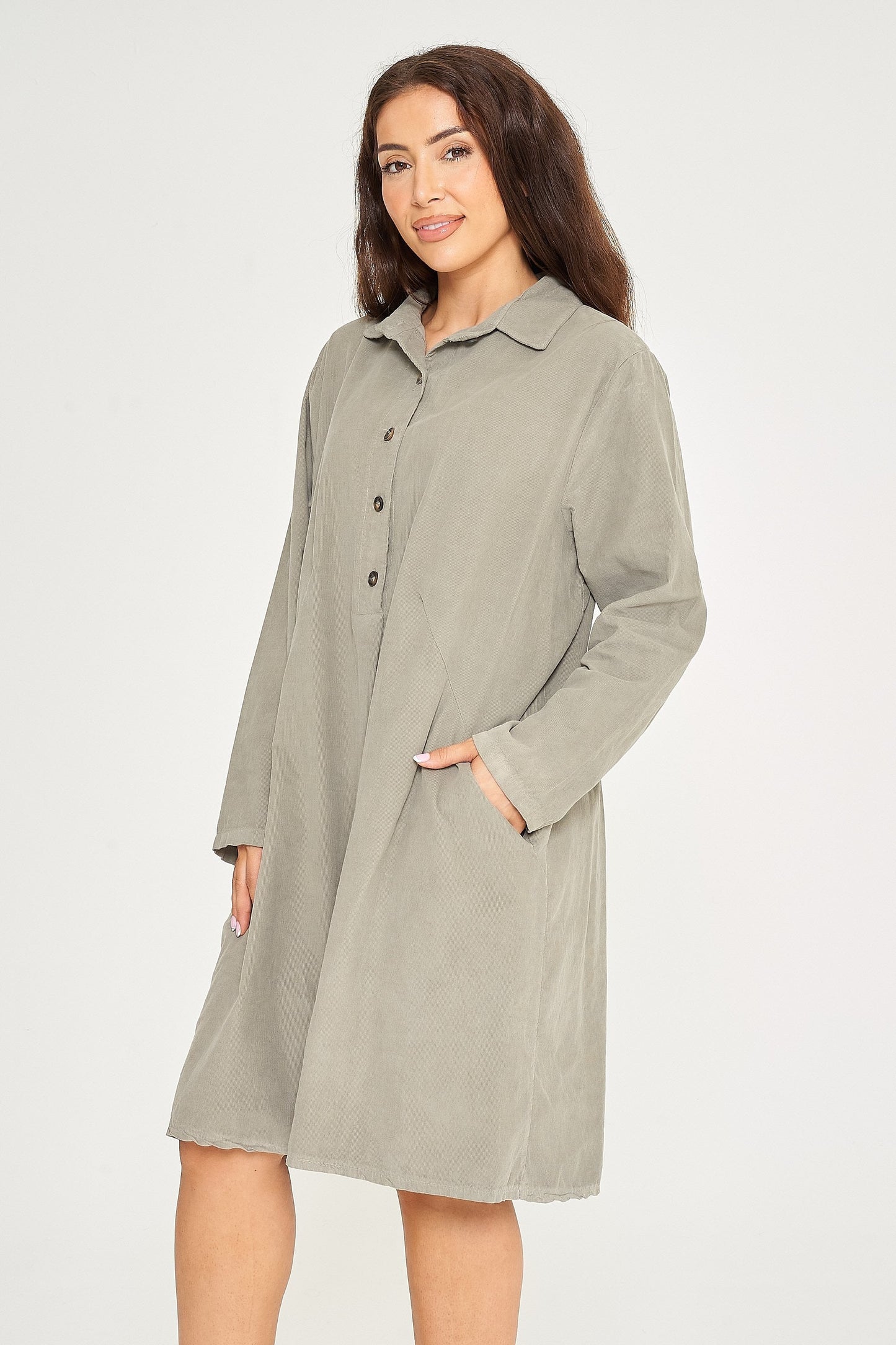 Fine Needlecord Two Pocket Button Up Dress