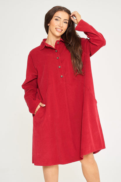 Fine Needlecord Two Pocket Button Up Dress