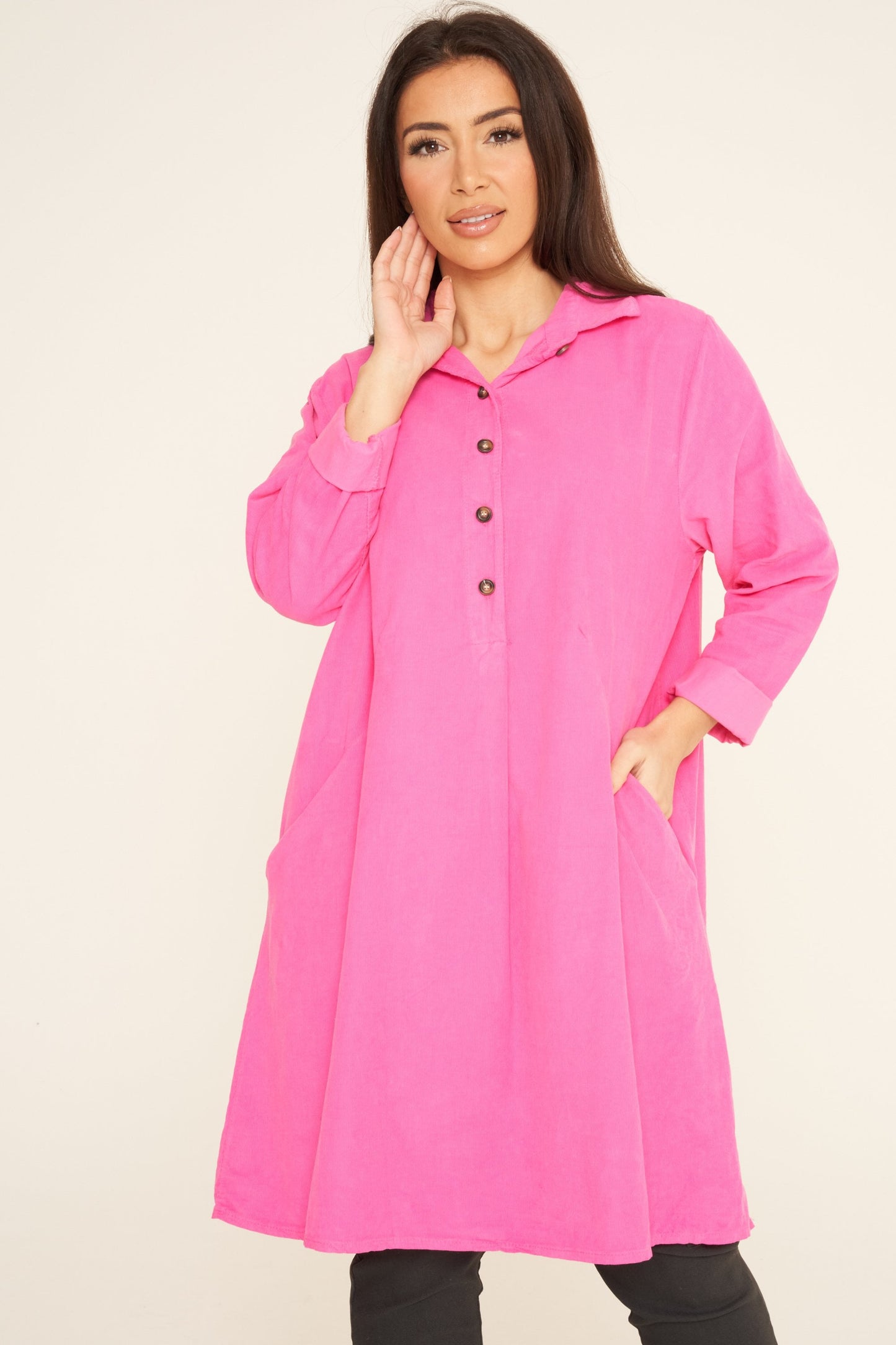 Fine Needlecord Two Pocket Button Up Dress