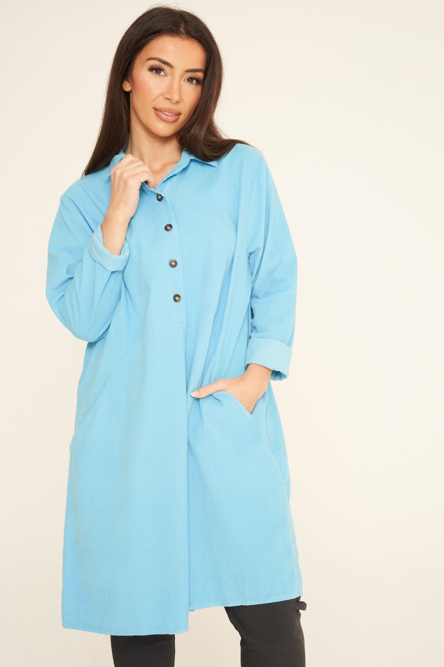 Fine Needlecord Two Pocket Button Up Dress