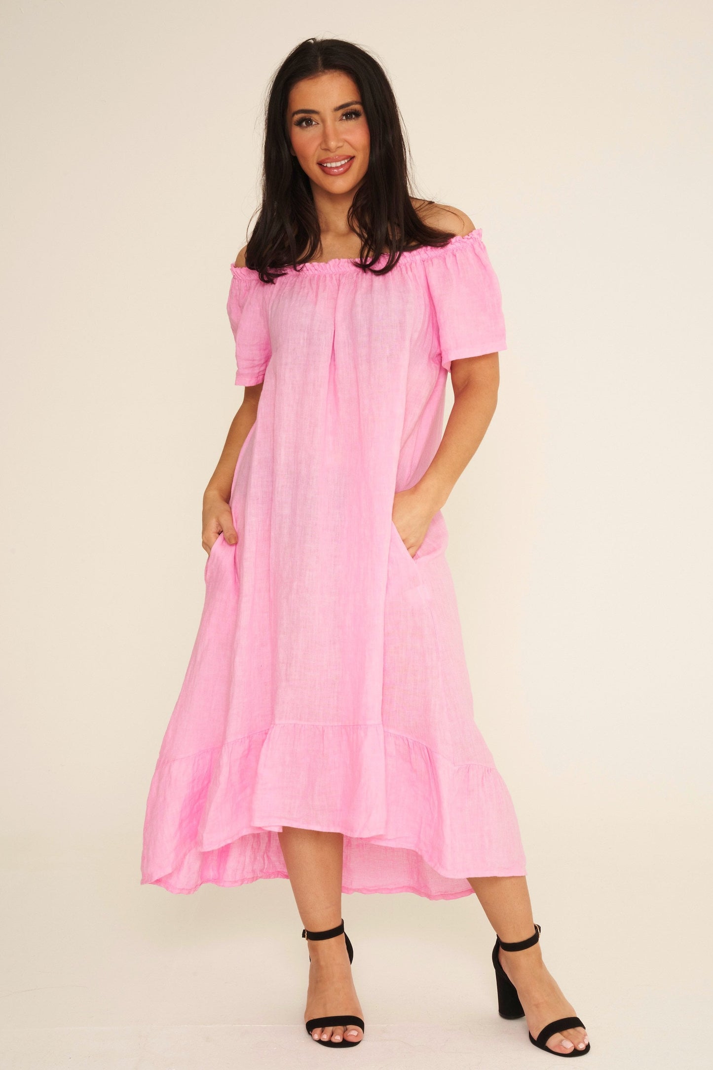 Elasticated Neckline Two Pocket Linen Maxi Dress