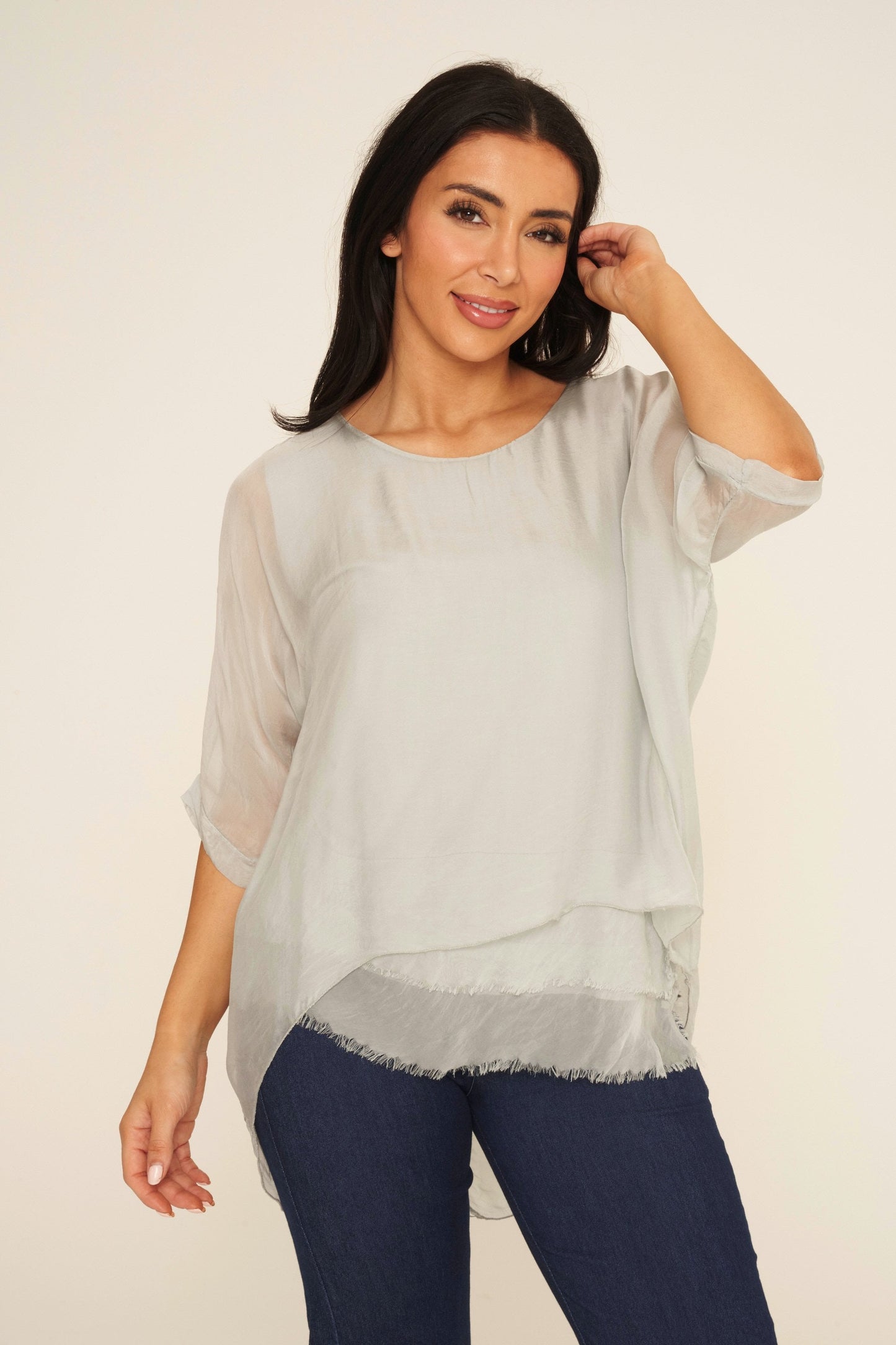 Frayed Hem Silk Top