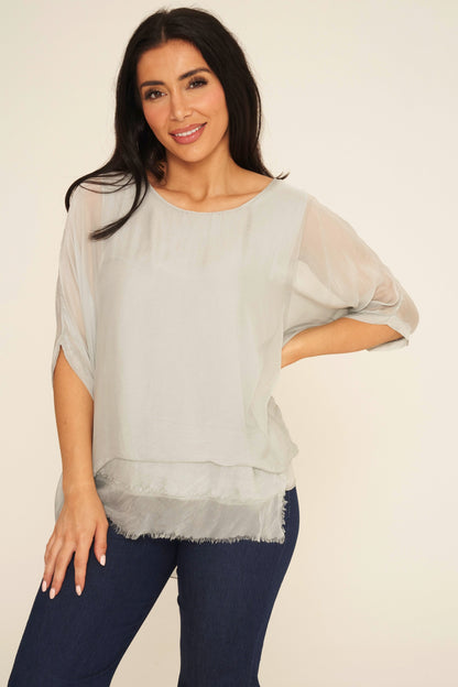 Frayed Hem Silk Top