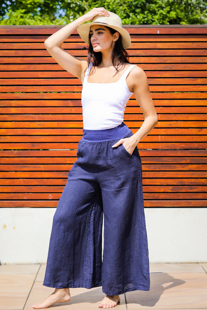 Elasticated Waist Wide Leg Pocket Linen Trousers