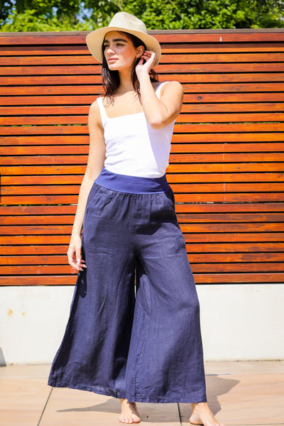 Elasticated Waist Wide Leg Pocket Linen Trousers