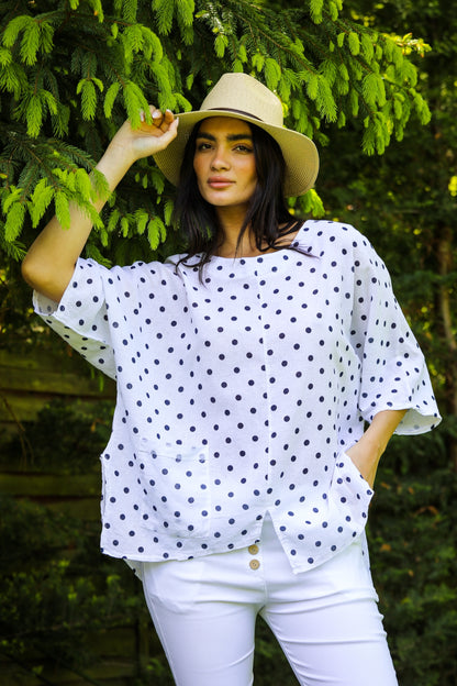 Polka Dot Side Pocket Linen Top