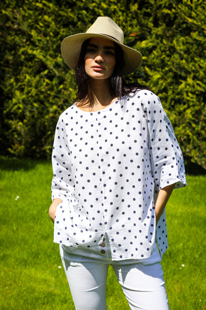 Polka Dot Side Pocket Linen Top