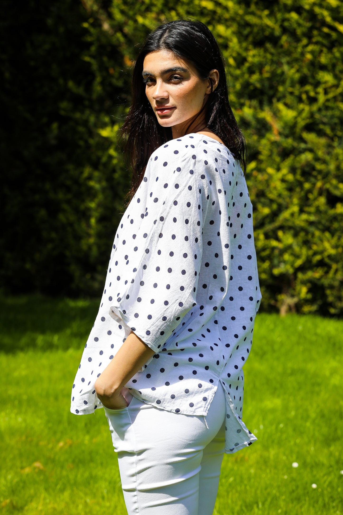 Polka Dot Side Pocket Linen Top