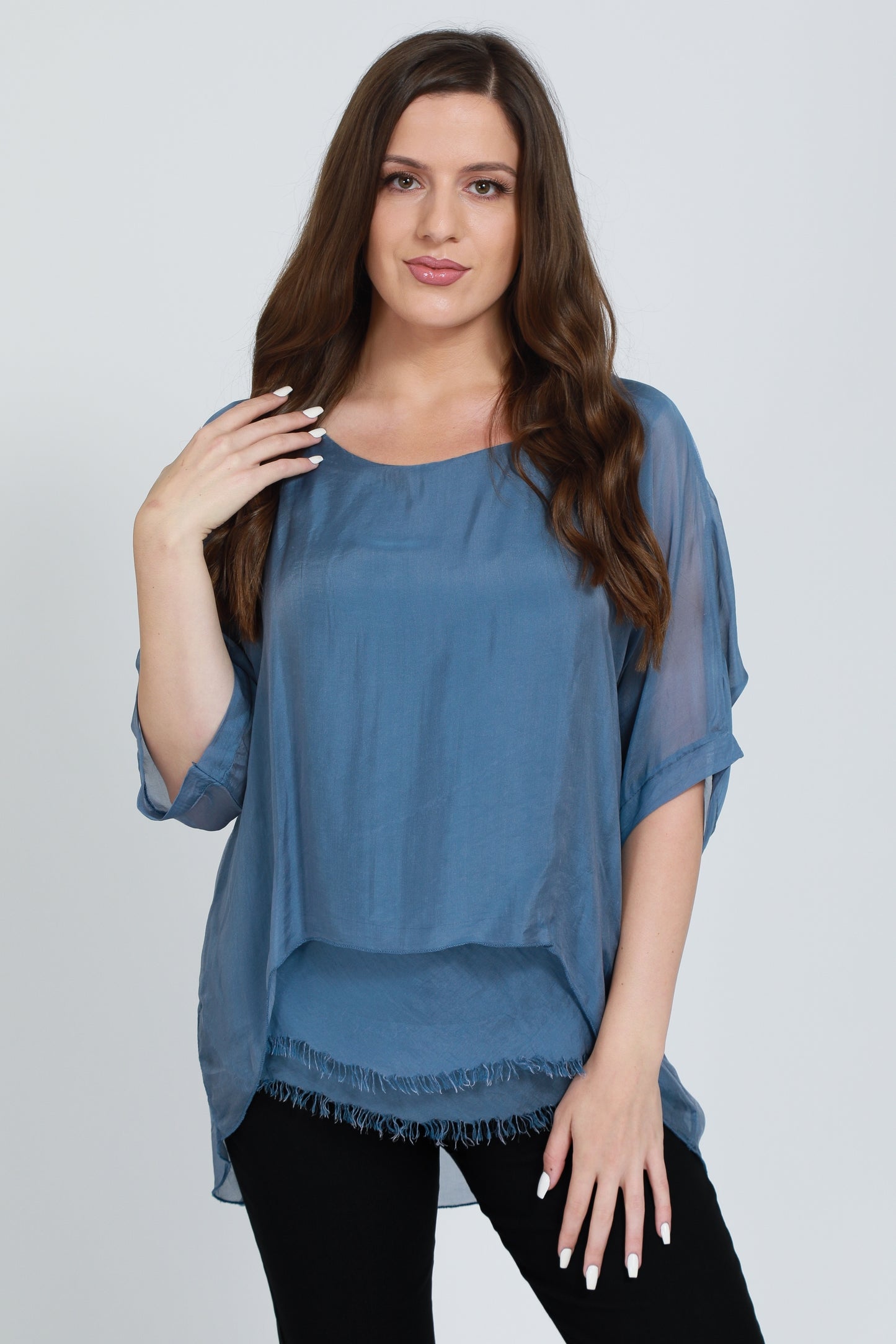 Frayed Hem Silk Top