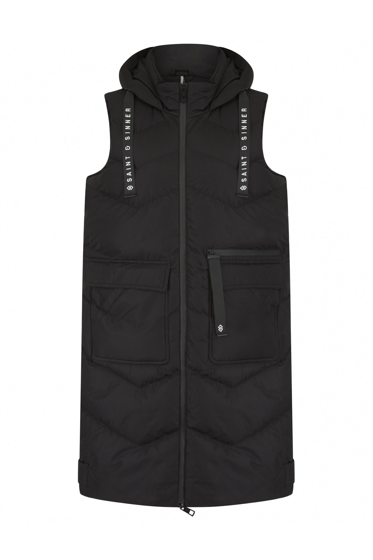 Saint & Sinner Puffer Flap Pocket Longline Hooded Gilet