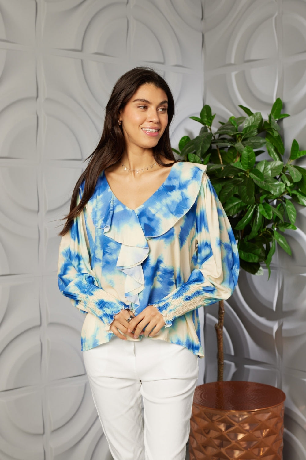 Ruffle Tie Dye V-Neck Top