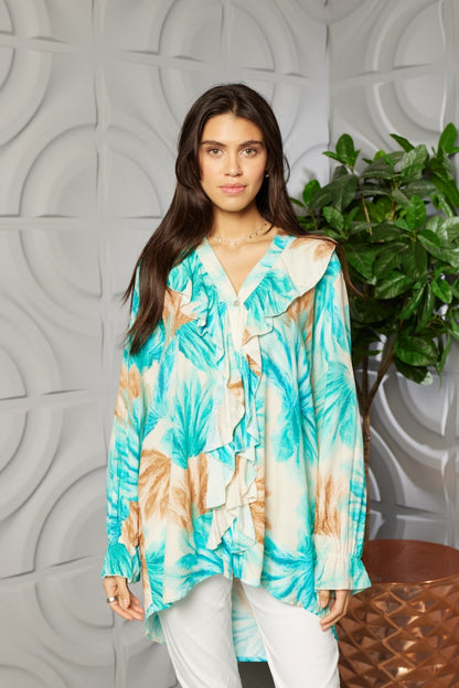 Feather Print Ruffle Button Through Tunic