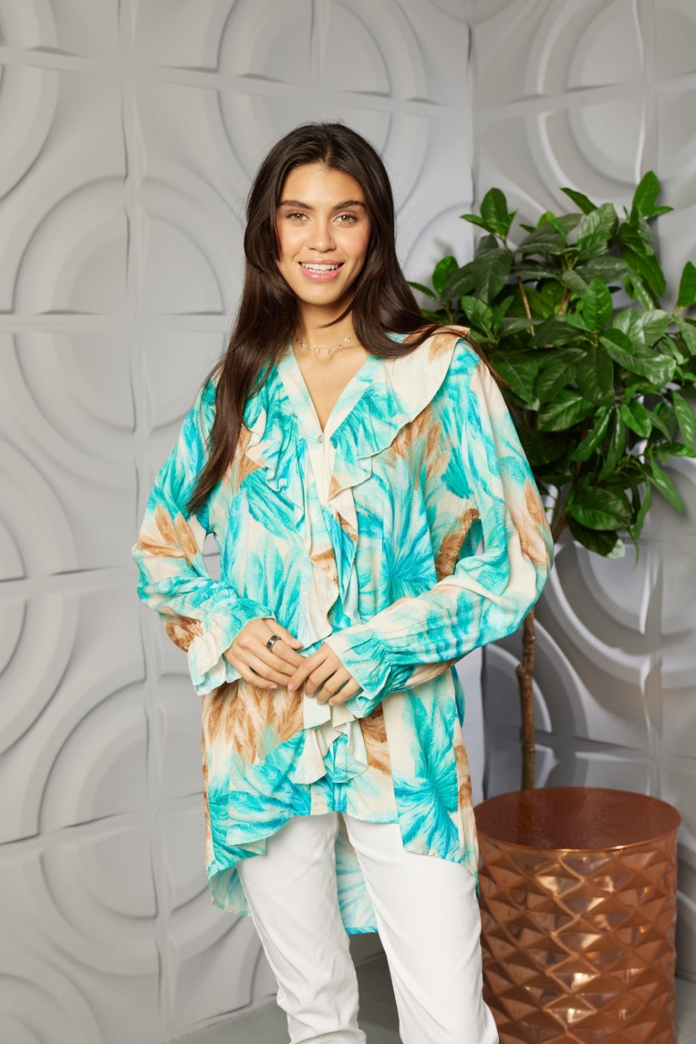 Feather Print Ruffle Button Through Tunic