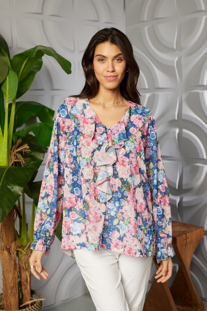 Embroidered Floral Ruffle Detail Cotton Mix Top