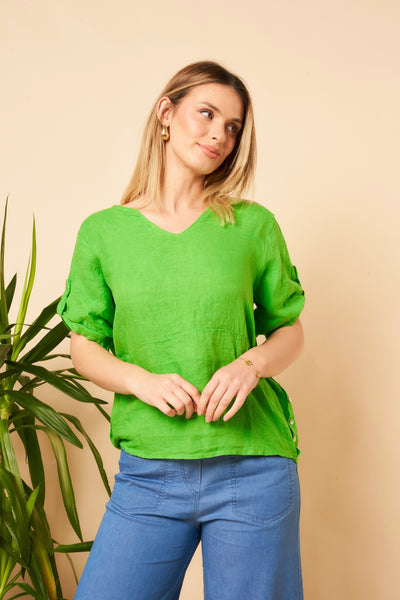 Side Buttons Rolled Sleeve Linen Top