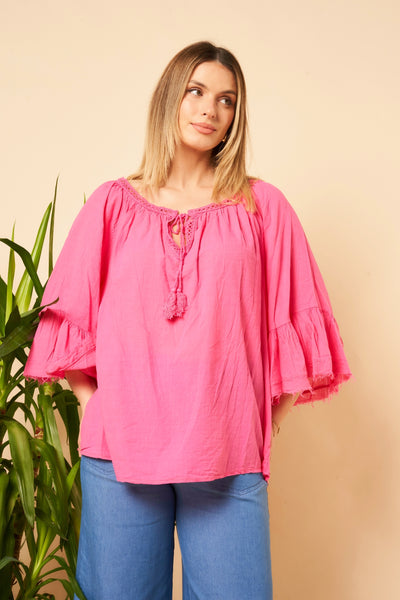 Drawstring Flare Sleeve Cotton Top