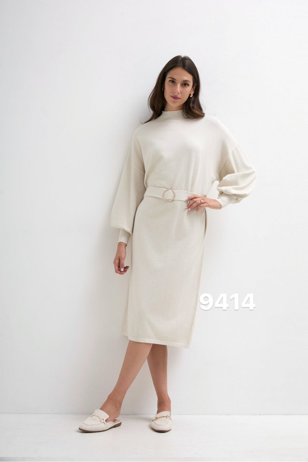 Diamond Buckled Puff Sleeves Knitted Dress