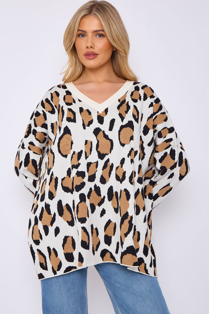 Leopard Print V-Neck Soft Knitted Jumper