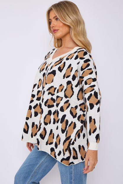 Leopard Print V-Neck Soft Knitted Jumper