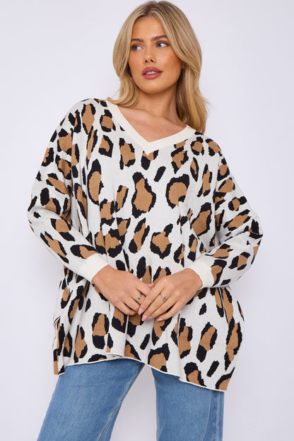 Leopard Print V-Neck Soft Knitted Jumper