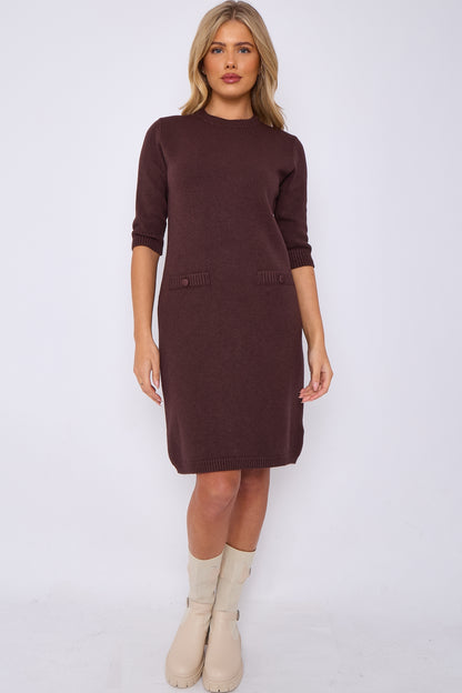 CREW NECK POCKET DETAIL KNITTED DRESS