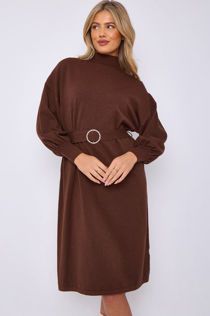 Diamond Buckled Puff Sleeves Knitted Dress