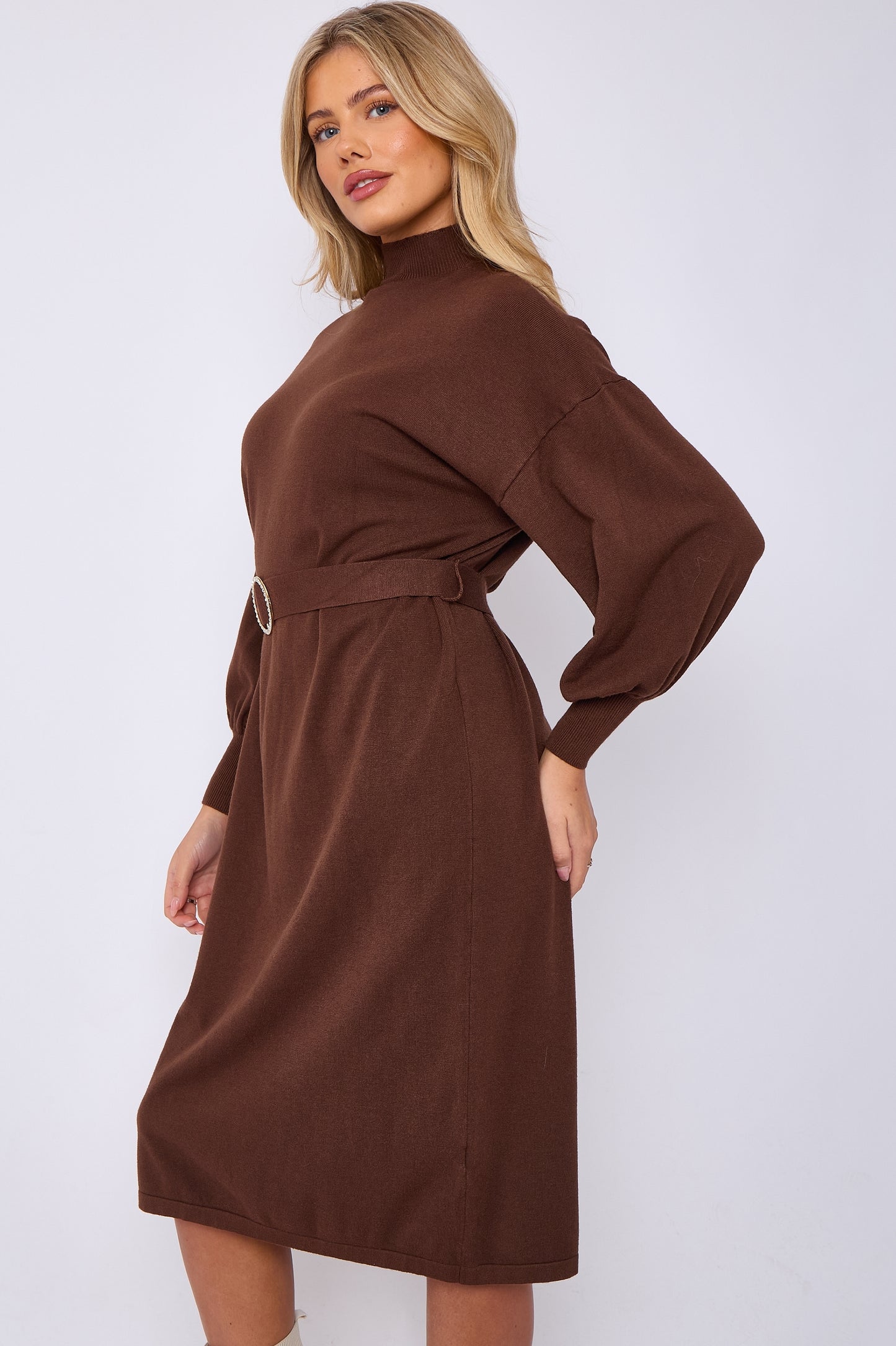 Diamond Buckled Puff Sleeves Knitted Dress