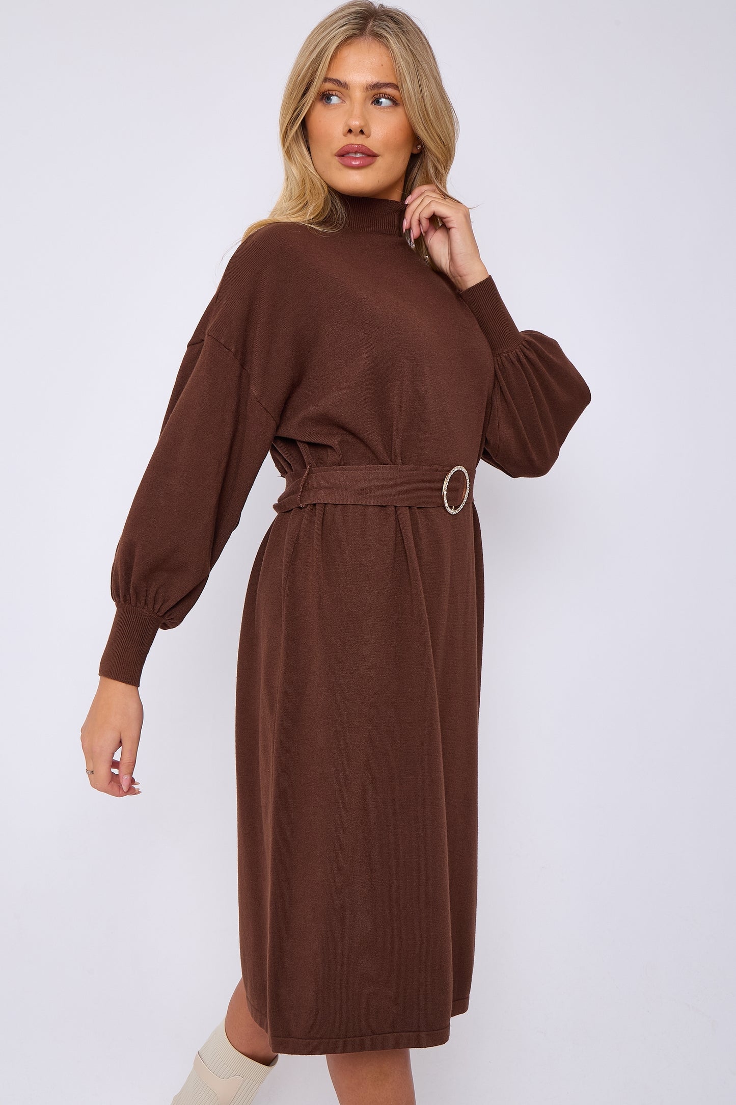 Diamond Buckled Puff Sleeves Knitted Dress