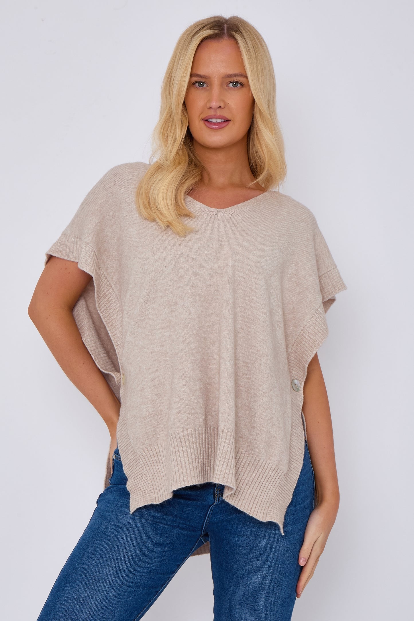 Side Button V-Neck Ribbed Edge Cape