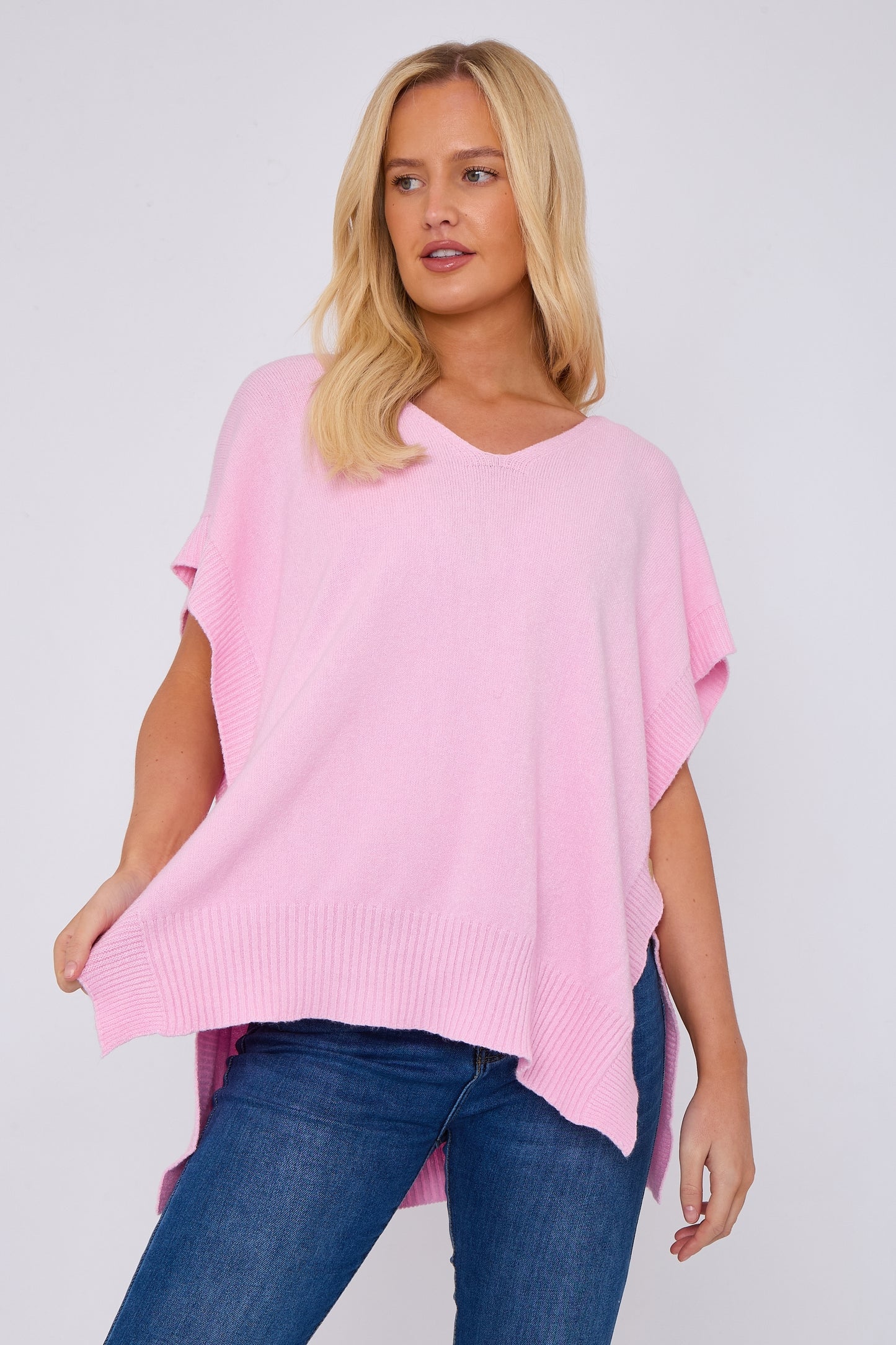 Side Button V-Neck Ribbed Edge Cape