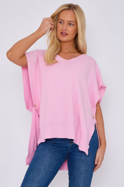 Side Button V-Neck Ribbed Edge Cape