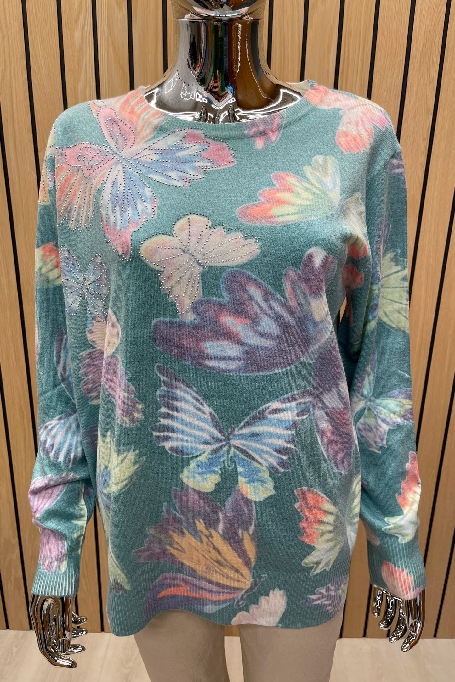 BUTTERFLY PRINT STUDDED KNITTED TOP