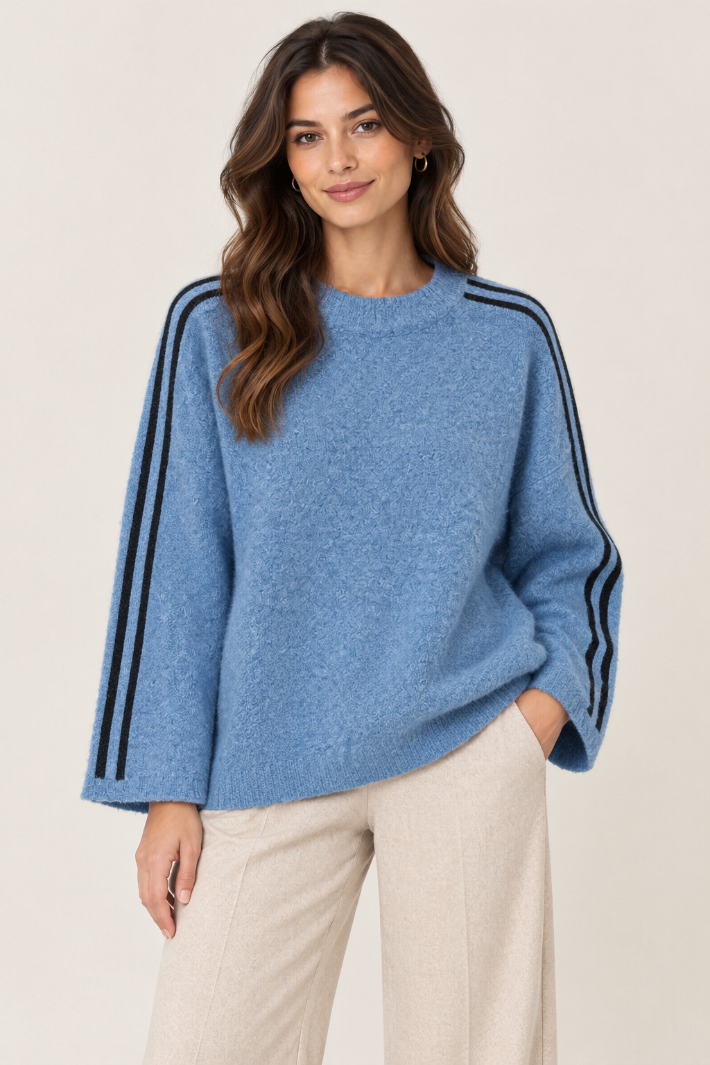21495 Alpaca Blend Stripe Jumper in Blue with two dark sleeve stripes, front model view