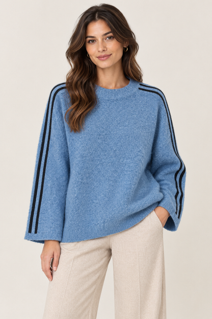21495 Alpaca Blend Stripe Jumper in Blue with two dark sleeve stripes, front model view