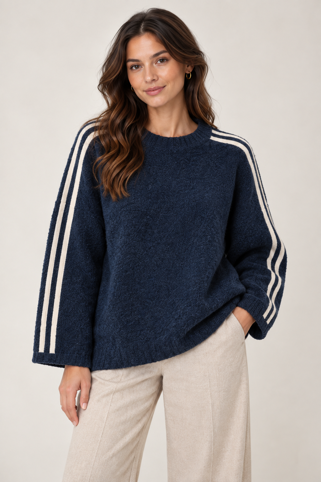 21495 Alpaca Blend Stripe Jumper in Navy with two cream sleeve stripes, front model view