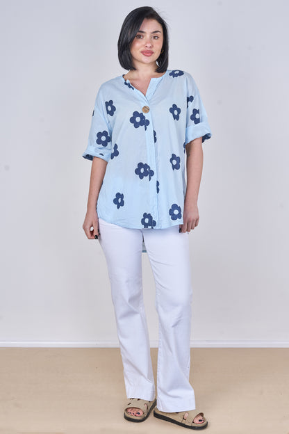 FLOWER PRINT ONE BUTTONED COTTON TOP